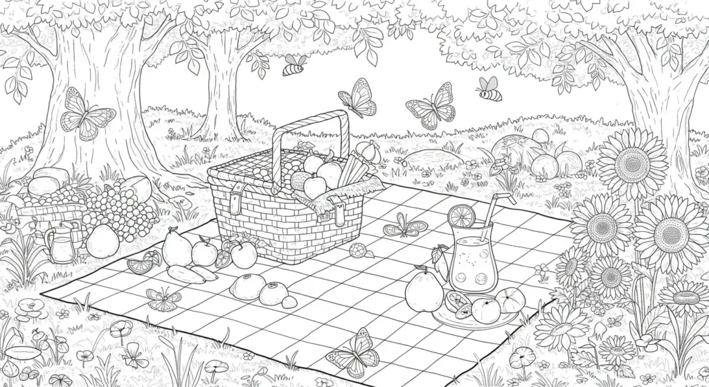 Summer Picnic Coloring Page