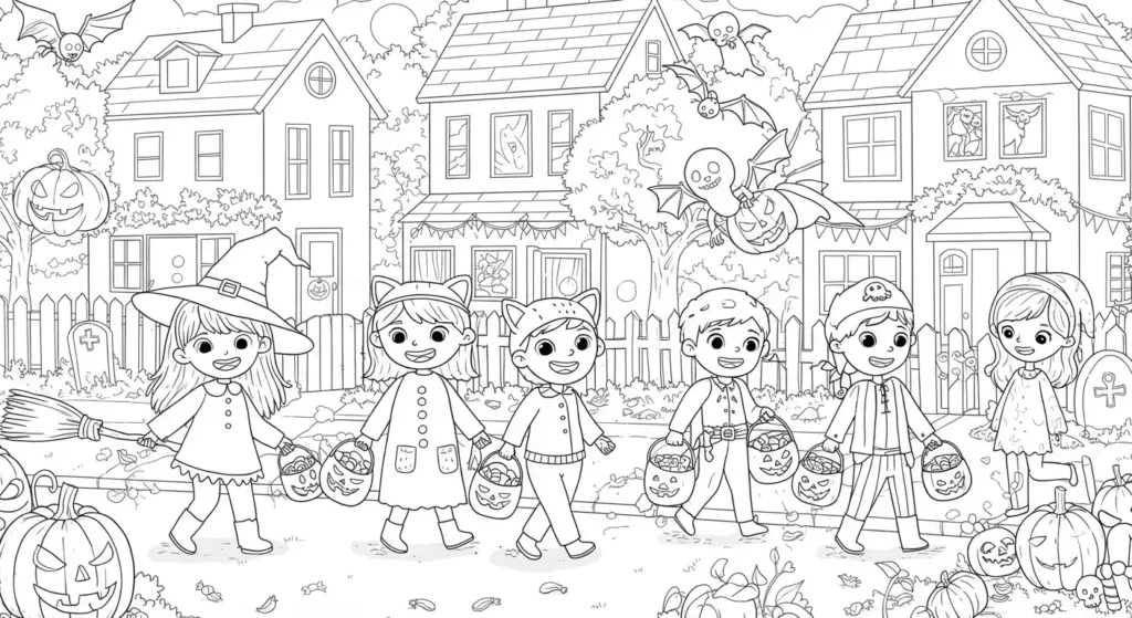 Trick-or-Treat Parade Coloring Page